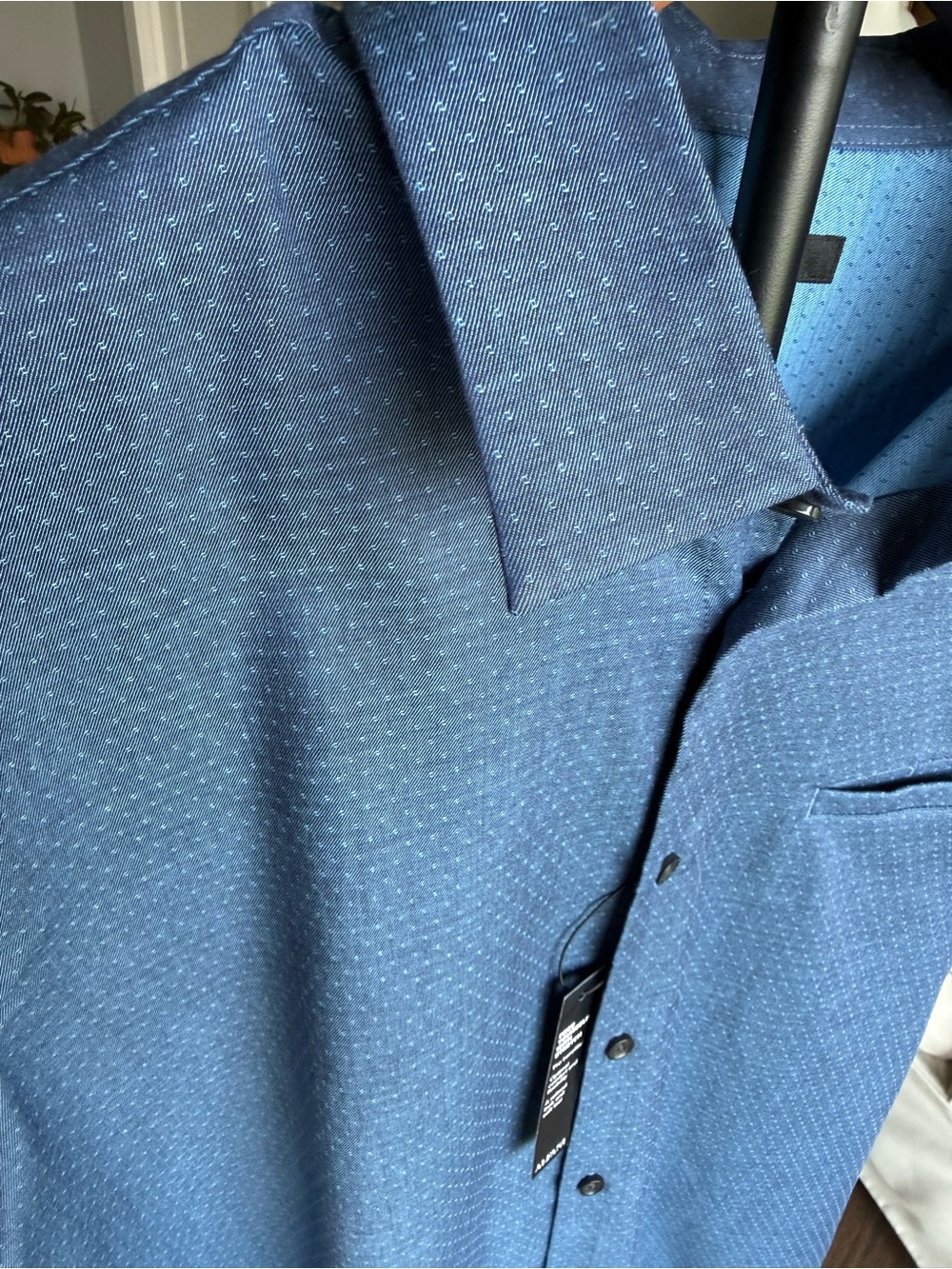 Alfani Men's Dark Blue Button Down Short Sleeve Shirt With Subtle Pattern, Large - Picture 2 of 7